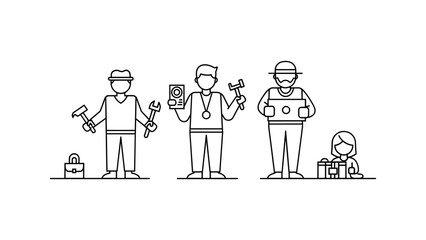 Diverse group of skilled workers with tools and technology, representing various professions