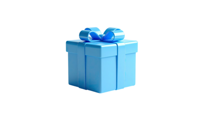 A glossy, light blue gift box with matching bow floating on a black backdrop