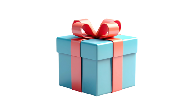 Rendered 3D image of a blue gift box tied with a red ribbon and bow - Powered by Adobe