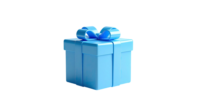 A glossy, light blue gift box with matching bow floating on a black backdrop