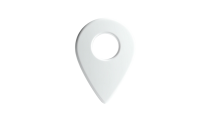 Glossy white location pin graphic with circular hole on a contrasting black background