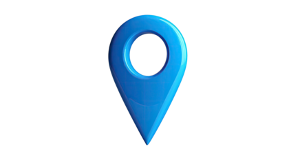 3D render of a glossy blue location pin against a pure black background