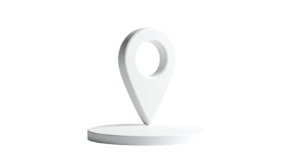 White 3D location marker on a white platform against a stark black background