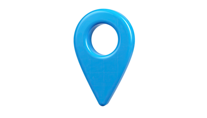 Shiny, blue location marker floats against a black background