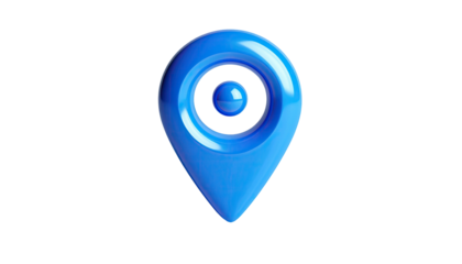Shiny blue 3D location pin graphic on a black background