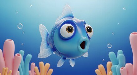 A cute, surprised blue fish with big eyes swims in a vibrant coral reef.