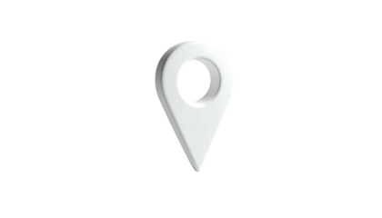 A 3D rendered white location pin icon against a black background