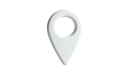 A glossy, 3D white location marker floating on a black background