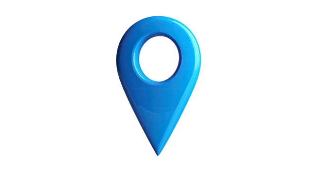 3D render of a glossy blue location pin against a pure black background