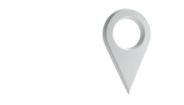 A polished, three-dimensional silver location pin floating right, against a black backdrop - Powered by Adobe