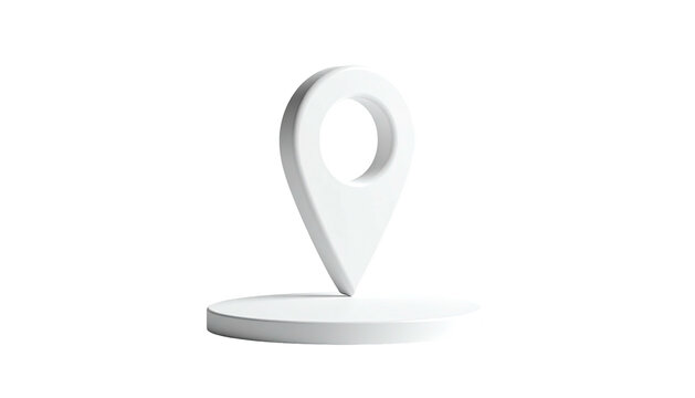 White 3D location marker on a white platform against a stark black background