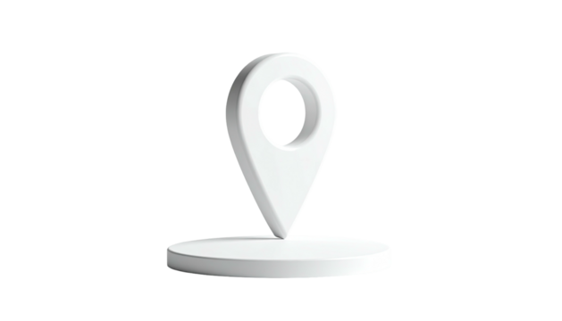 White 3D location marker on a white platform against a stark black background