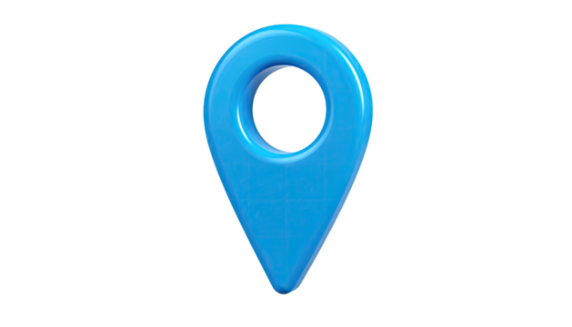 Shiny, blue location marker floats against a black background