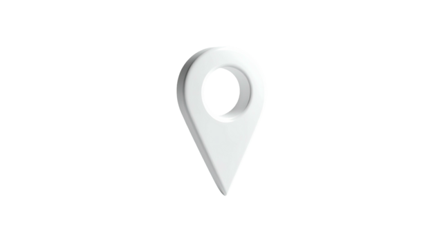 A 3D rendered white location pin icon against a black background