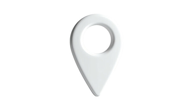 A glossy, 3D white location marker floating on a black background