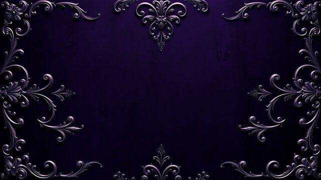 Elegant dark purple textured background adorned with ornate silver floral flourishes forming a decorative frame suitable for upscale designs and invitations.