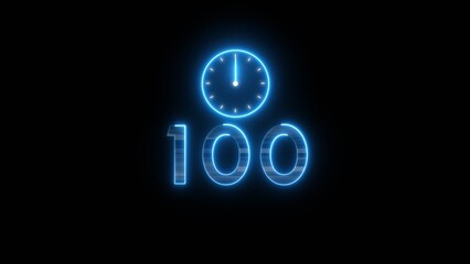 Neon countdown clock illustration. Time 100 days to go symbol.