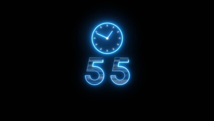 Neon countdown clock illustration. Time 55 days to go symbol.