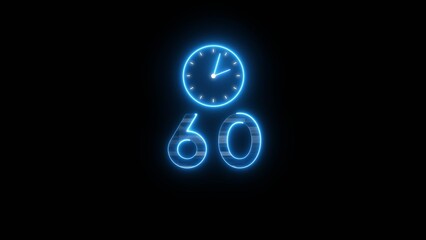 Neon countdown clock illustration. Time 60 days to go symbol.