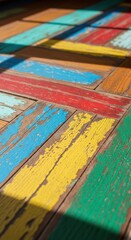 Rustic charm of weathered colorful wooden planks with sunlight patterns