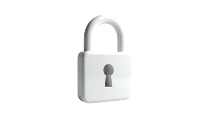 A shiny, white, 3D rendered padlock floats against a stark black background