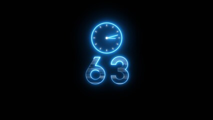 Neon countdown clock illustration. Time 63 days to go symbol.