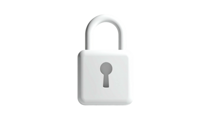 A stylized, 3D rendered, white padlock icon against a black background