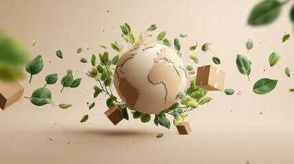 Cardboard globe surrounded by floating green leaves and miniature boxes orbiting like satellites on beige background