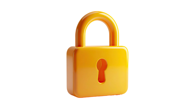 3D rendering of a bright yellow padlock with a keyhole, isolated on black