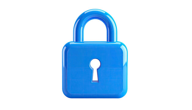 A stylized, glossy, bright blue padlock against a solid black background