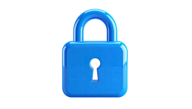 A stylized, glossy, bright blue padlock against a solid black background
