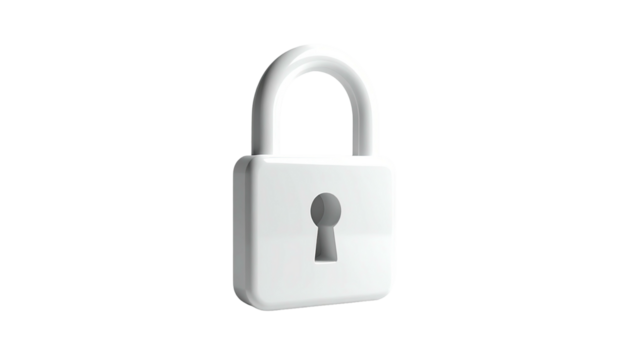 A shiny, white, 3D rendered padlock floats against a stark black background