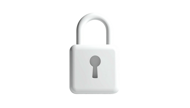 A stylized, 3D rendered, white padlock icon against a black background