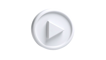 A white, 3D-rendered play button on a black background, with shadows