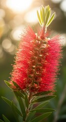 Crimson Splendor Bottlebrush Blossom in Golden Light, Evoking Natural Beauty