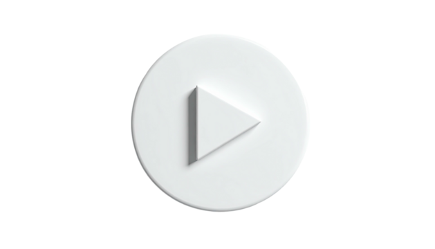 A white, embossed play button on a circular base, set against a black backdrop