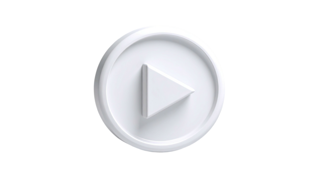 A white, 3D-rendered play button on a black background, with shadows