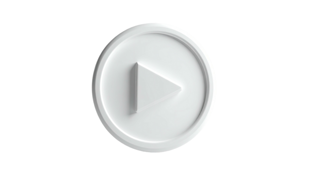 White play button icon with circular frame against a solid black background