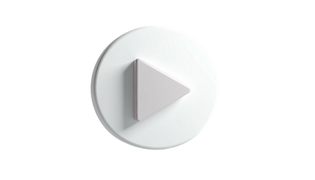 A glossy white play button on a white circle, set against a dark background