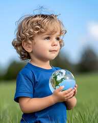 Adorable toddler holding a globe representing planet Earth with care for a sustainable future and environmental protection on a bright sunny day