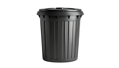 A dark, cylindrical receptacle with a lid, used for waste disposal, isolated