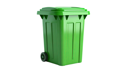 A green, lidded, wheeled trash container on a stark black background