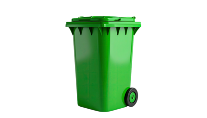A brightly lit, bright green plastic recycling bin against a stark black background