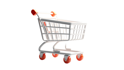 Cartoonish, white shopping cart with red wheels and handle accents, isolated