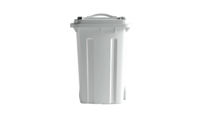 A full, plain white recycling container on a stark black background