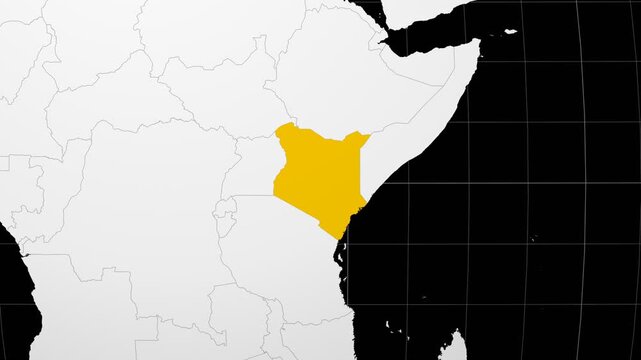 Kenya map. Animated zoom into the country on the Globe in Black White color palette. Country logo animation. Map with meridians, parallels. Vibrant video.