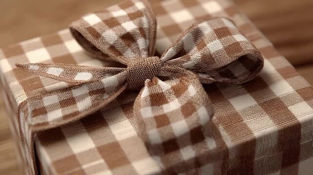 Gift's Delight: A beautifully wrapped gift, adorned with a decorative bow, ready to bestow joy and anticipation on a special occasion, sitting on a wooden table.