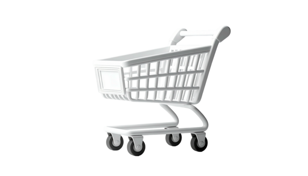 A 3D-rendered, metallic-white shopping cart isolated against a stark black background