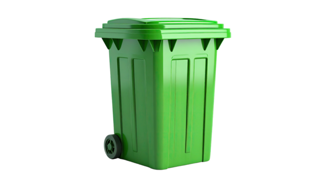 A green, lidded, wheeled trash container on a stark black background
