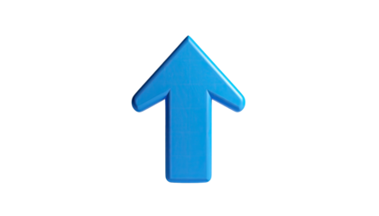 A bright blue, 3D arrow pointing upwards, set against a stark black background